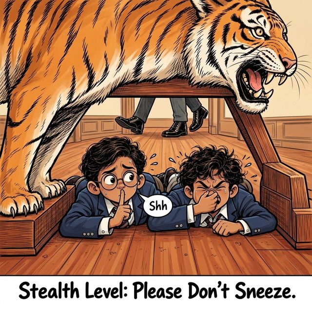 The twins hide under a tiger-skin rug, one holding his nose. Caption: Stealth level: please don't sneeze.