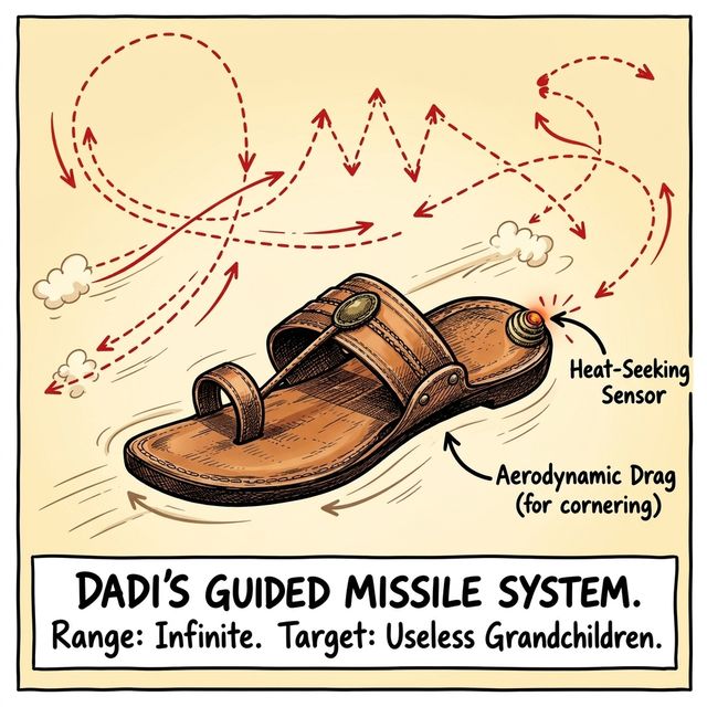 Dadi's chappal drawn as a guided missile system: range infinite, target useless grandchildren.