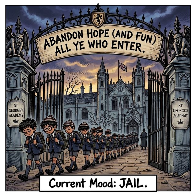 Schoolboys file through the gates of St George's Academy under a sign reading Abandon hope (and fun) all ye who enter.